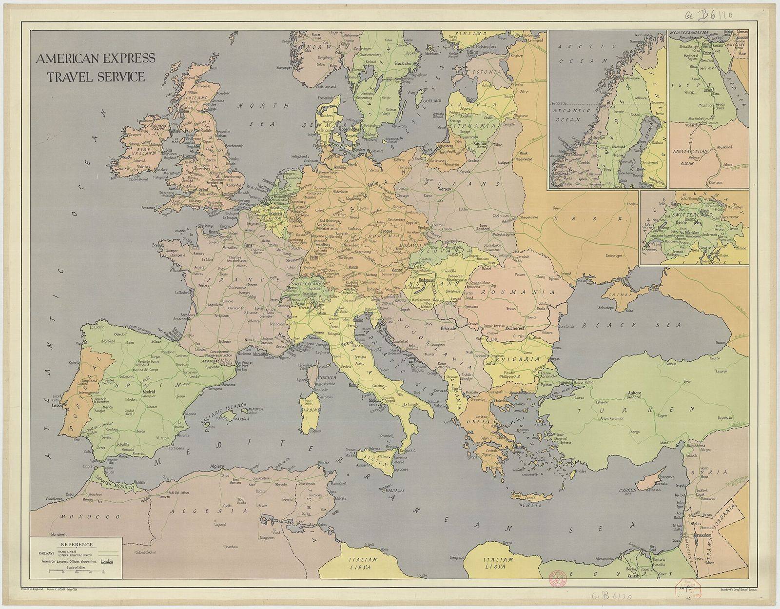 Mapa antigo de serviços de viagens na Europa